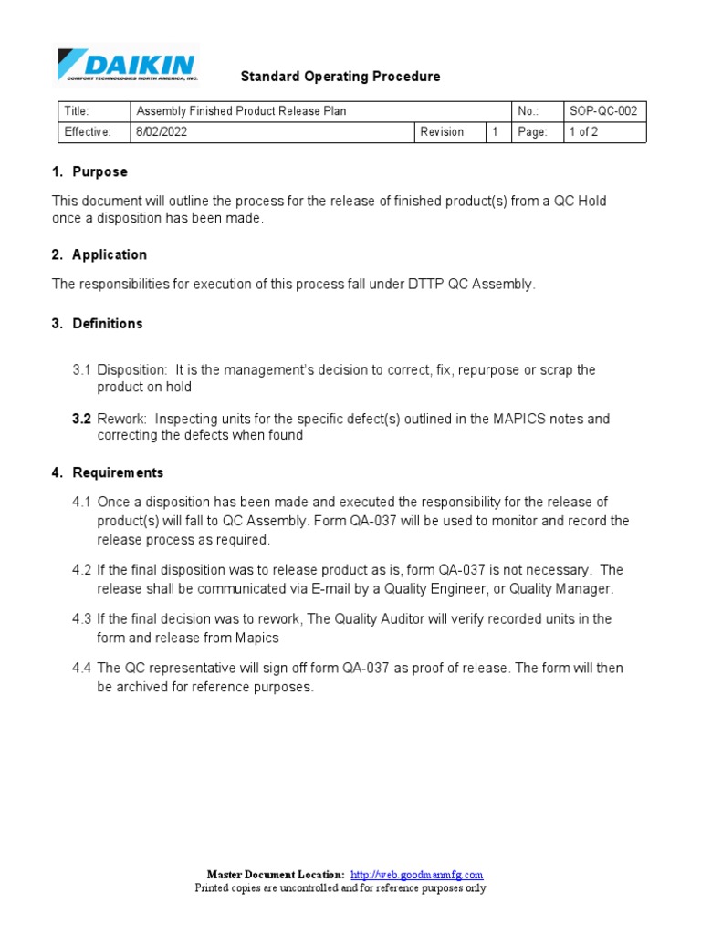 SOPQC002 Finished Product Release Plan PDF Business