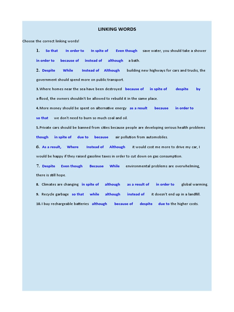 Linking Words Exercise for Writing | PDF | Home & Garden | Science ...
