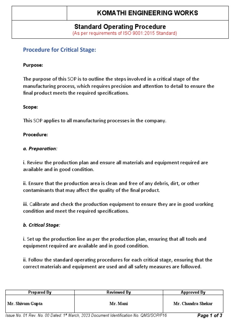 SOP for Critical Manufacturing Stage | PDF