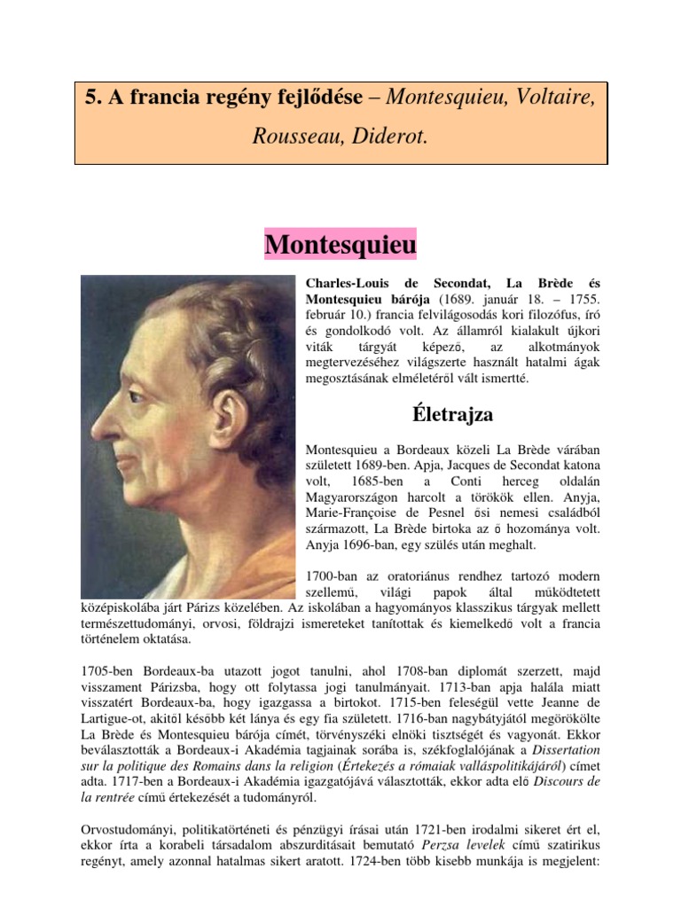 Francia Regény - Montesquieu, Voltaire, Rousseau, Diderot | PDF