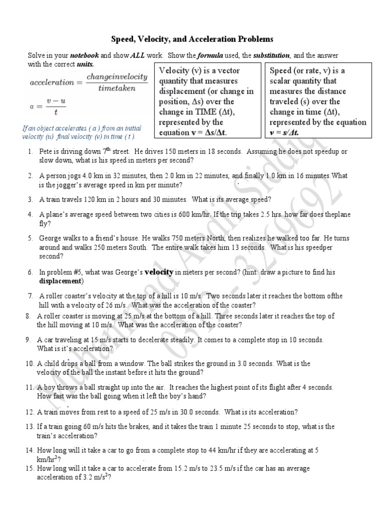 Speed,velocity, and acceleration problems PDF