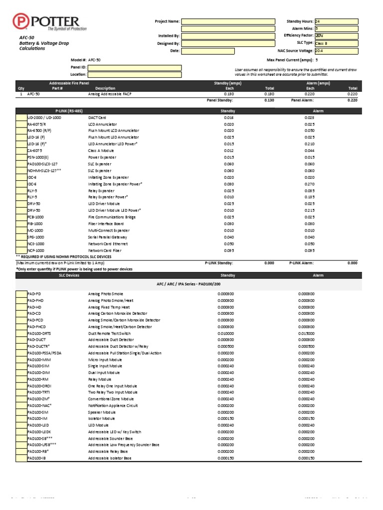 Battery and Voltage Drop Calculations for an AFC50 Fire Alarm Control Panel System Installation