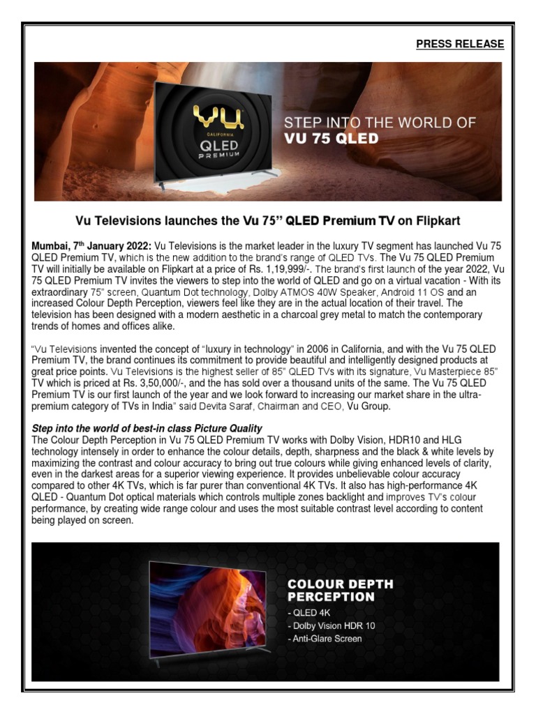 Press+Release+ +Vu+75+QLED+Premium+4K+TV | PDF | Television | Loudspeaker
