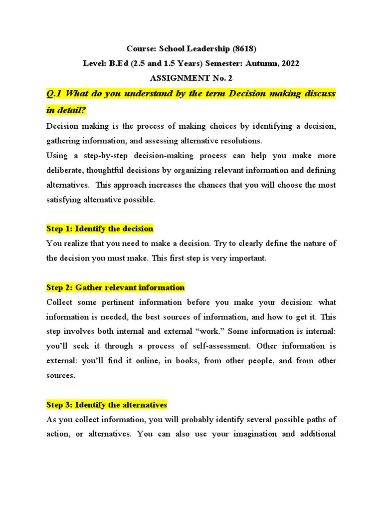 Q.1 What Do You Understand by The Term Decision Making Discuss in