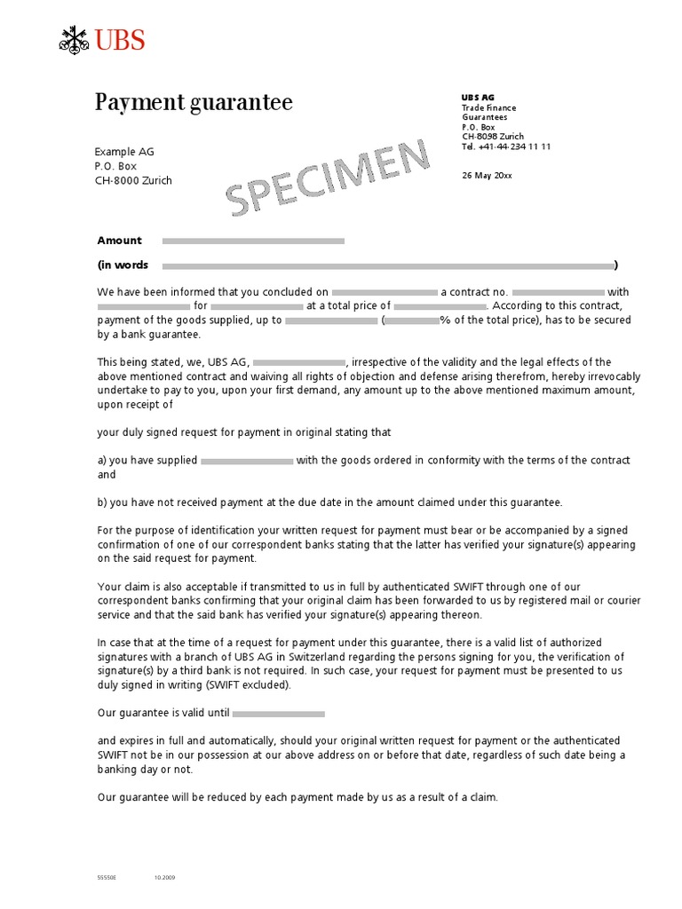 UBS Bank Guarantee Example Letter | PDF | Guarantee | Signature