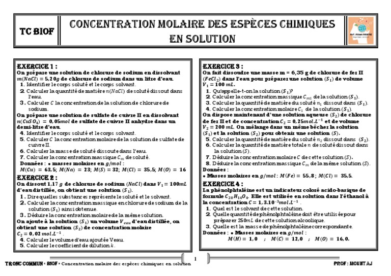 Concentration Molaire Des Espèces Chimiques en Solution | PDF