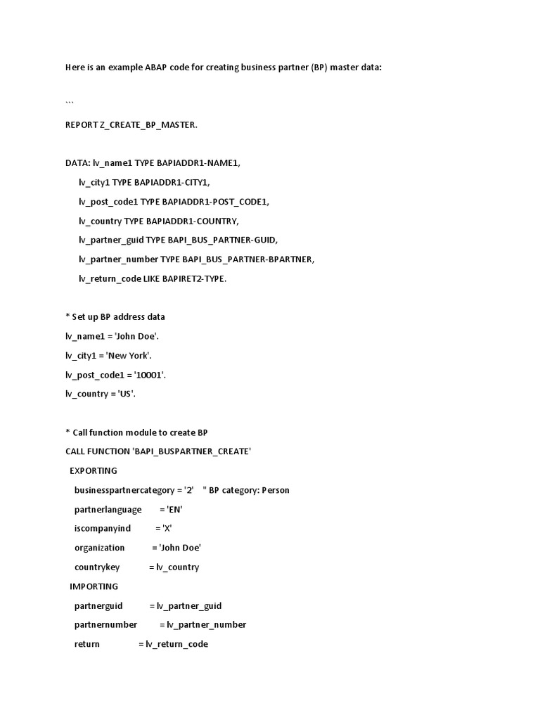 Example ABAP Code For Creating Business Partner | PDF