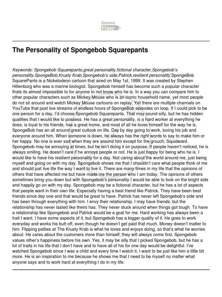 The Personality of Spongebob Squarepants PDF