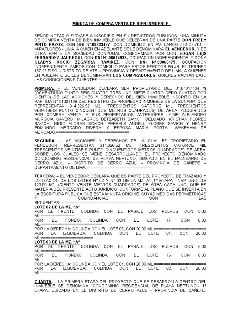 Minuta De Compra Venta Mz A Lote 02 Y 03 Pdf Condominio Ley Común