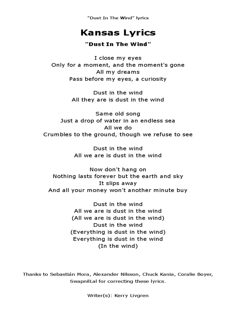 Kansas Dust in The Wind Lyrics PDF