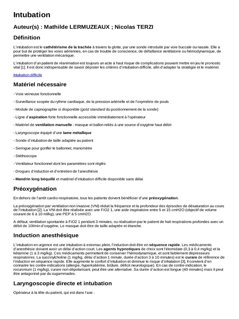 Guide sur l'intubation en réanimation | PDF | Médecine de soins ...