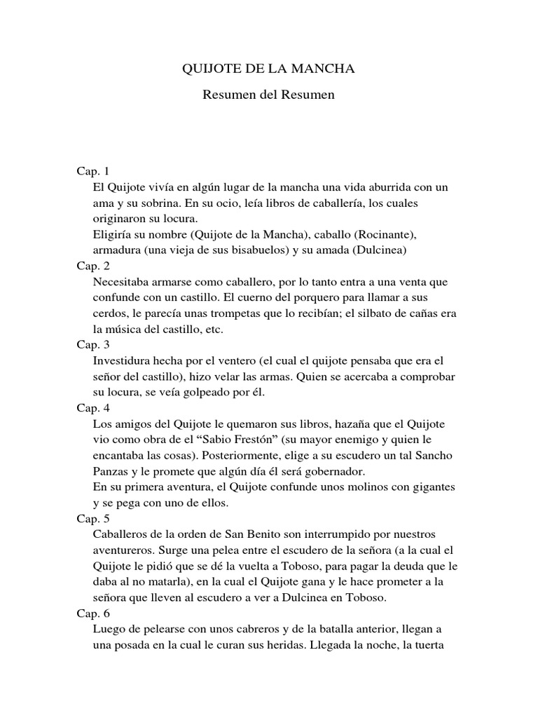 Resumen de Don Quijote de la Mancha | PDF | Don Quijote