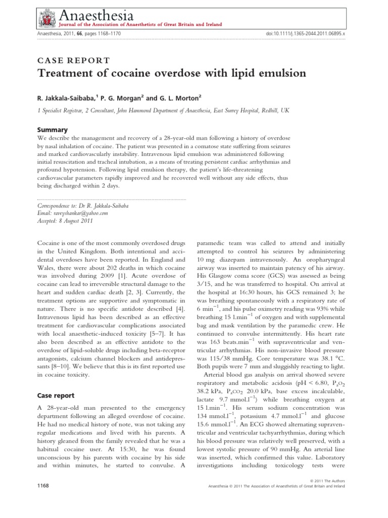 Treatment of Cocaine Overdose With Lipid Emulsion PDF Intravenous Therapy Breathing