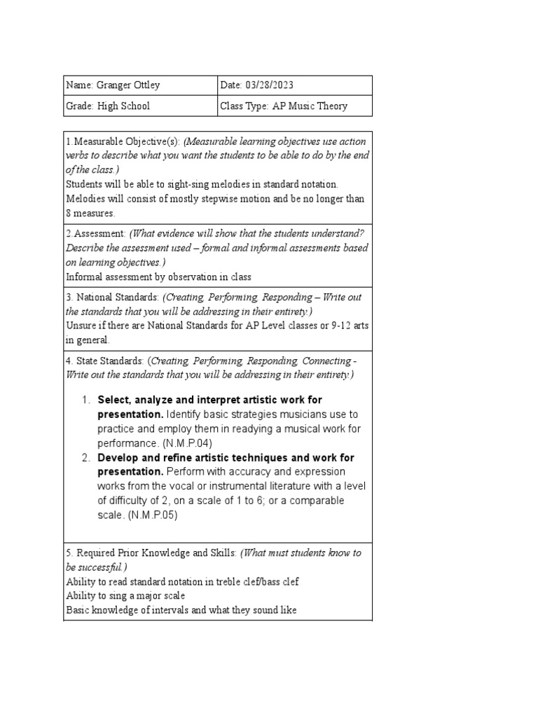 Hs Lesson Plan Sight Singing | PDF