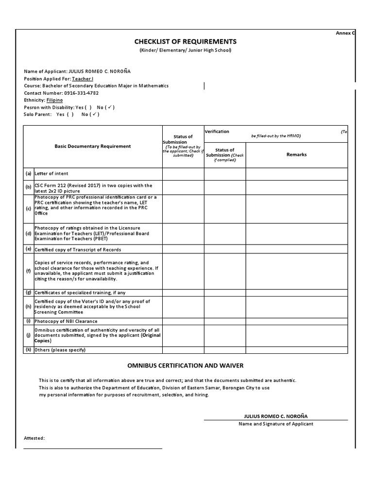 Checklist Of Requirements Pdf
