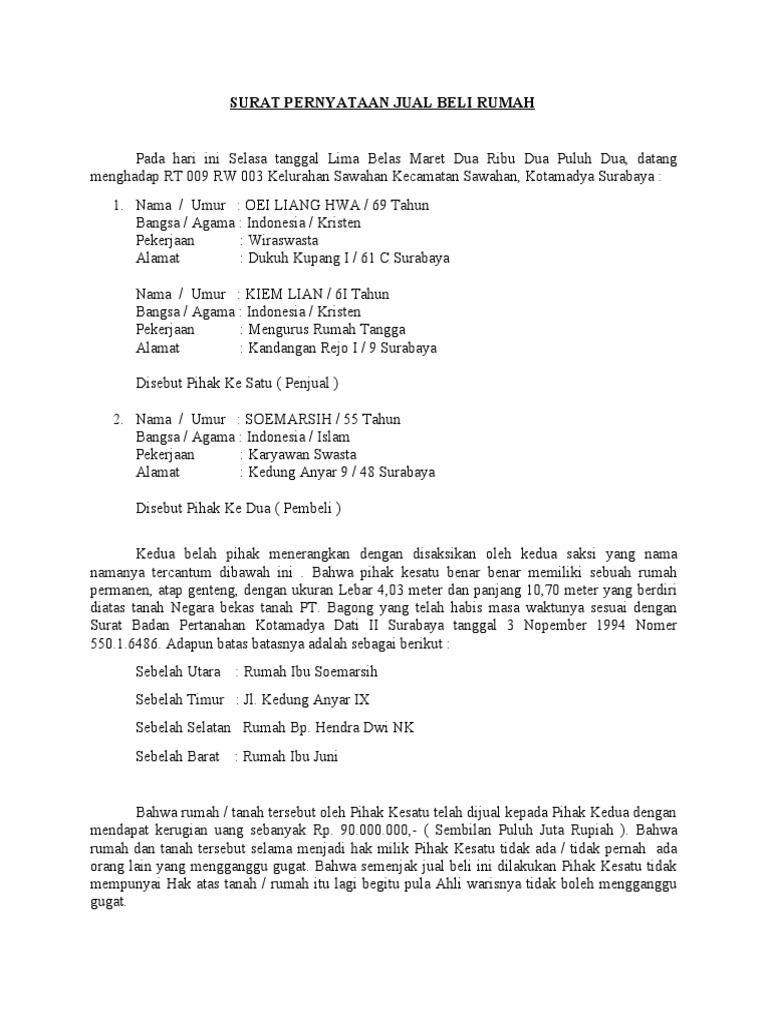 Surat Pernyataan Jual Beli Rumah | PDF