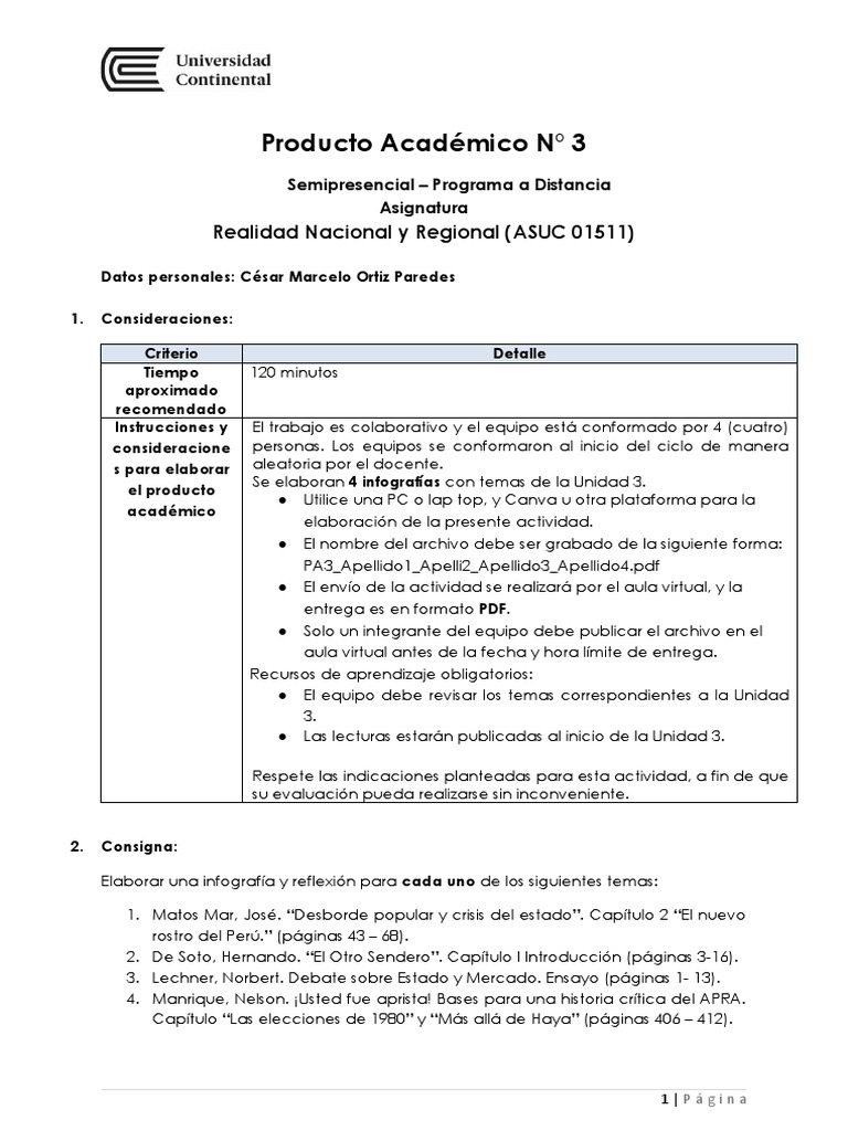 PA3 - REALIDAD NACIONAL Y REGIONAL - Colaborativo - Tipo Rúbrica | PDF