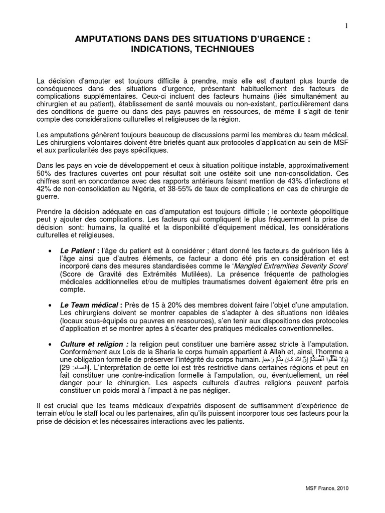 Indications et techniques d'amputation MSF | PDF | Chirurgie | Amputation