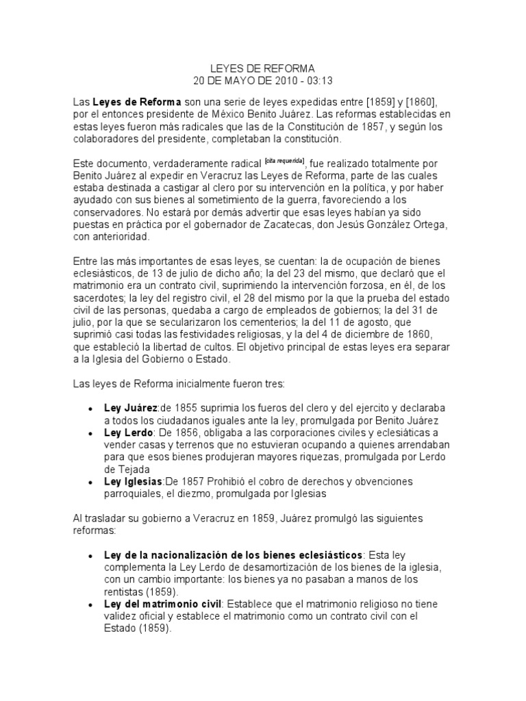 Las Leyes de Reforma de 1859 Separación de la Iglesia y el Estado en