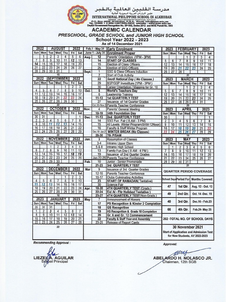 Academic Calendar SY 2022 2023 Preschool To Junior High Schoolfinal PDF