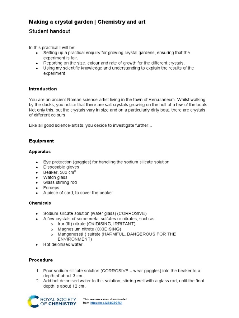 Student Handout Making A Crystal Garden Chemistry and Art PDF