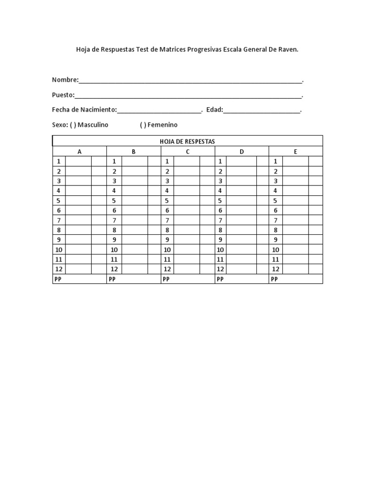Hoja de Respuestas Test de Matrices Progresivas Escala General de Raven PDF