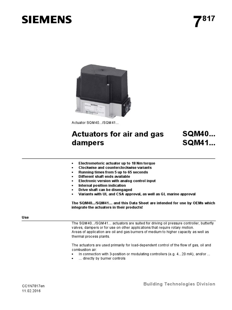 Electromotoric Actuators for Air and Gas Dampers Specifications