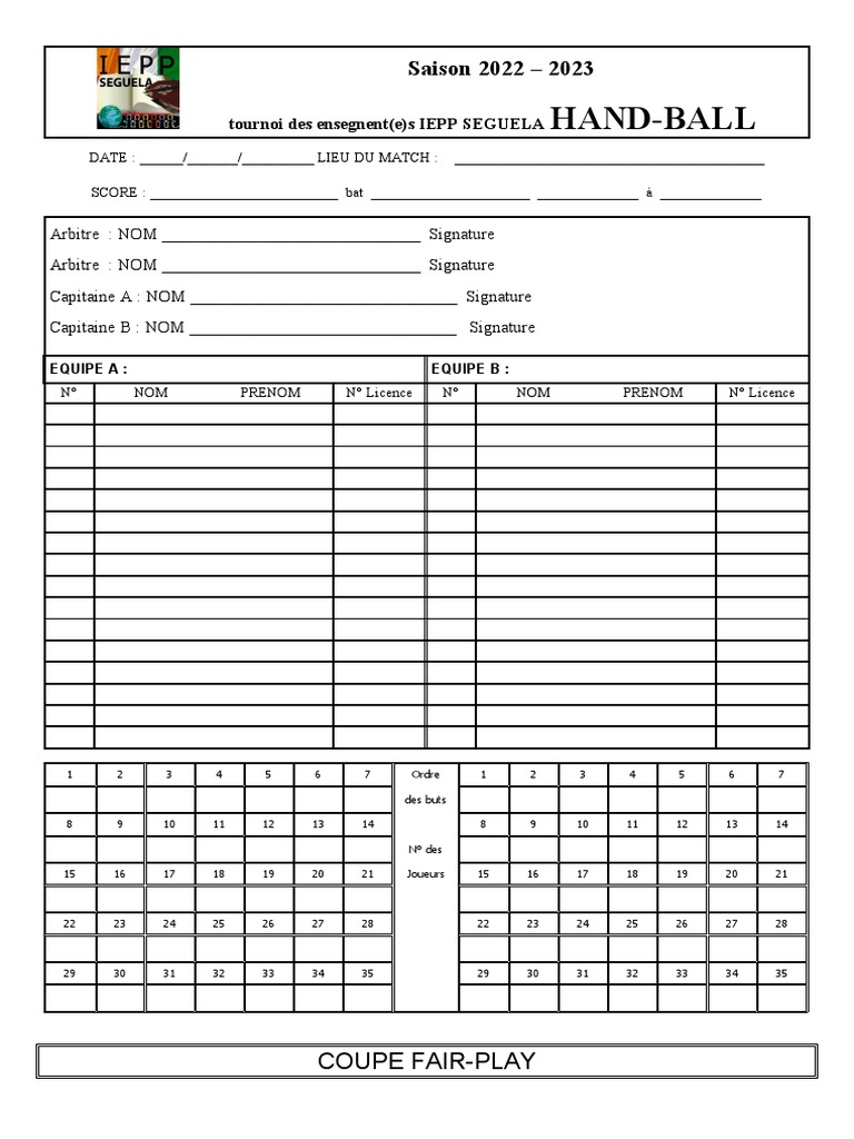 Feuille de Match Handball 2023 | PDF