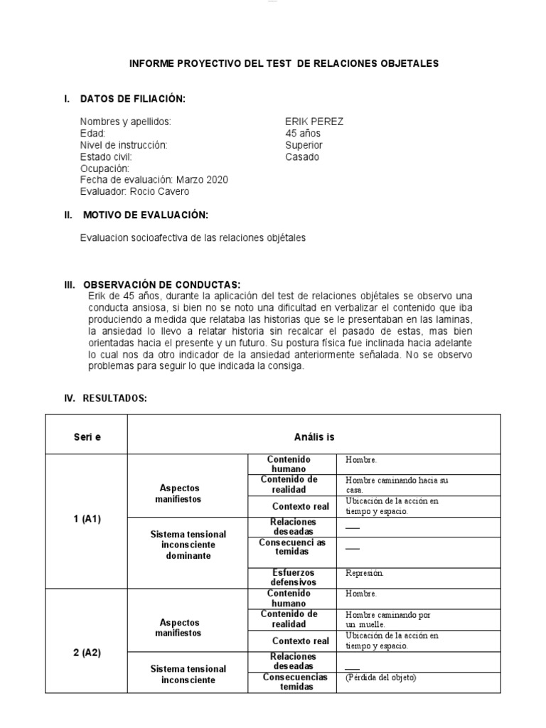 Informe del Test de Relaciones Objetales | PDF | Cognición | Ciencias ...