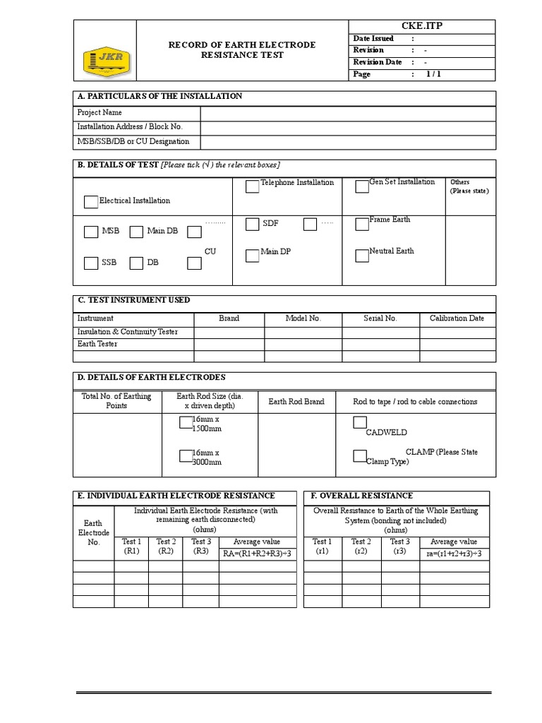 Record Of Earth Electrode Resistance Test Cke Itp PDF