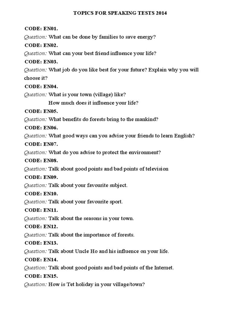 Speaking Test Topics 2014 | PDF | Games & Activities