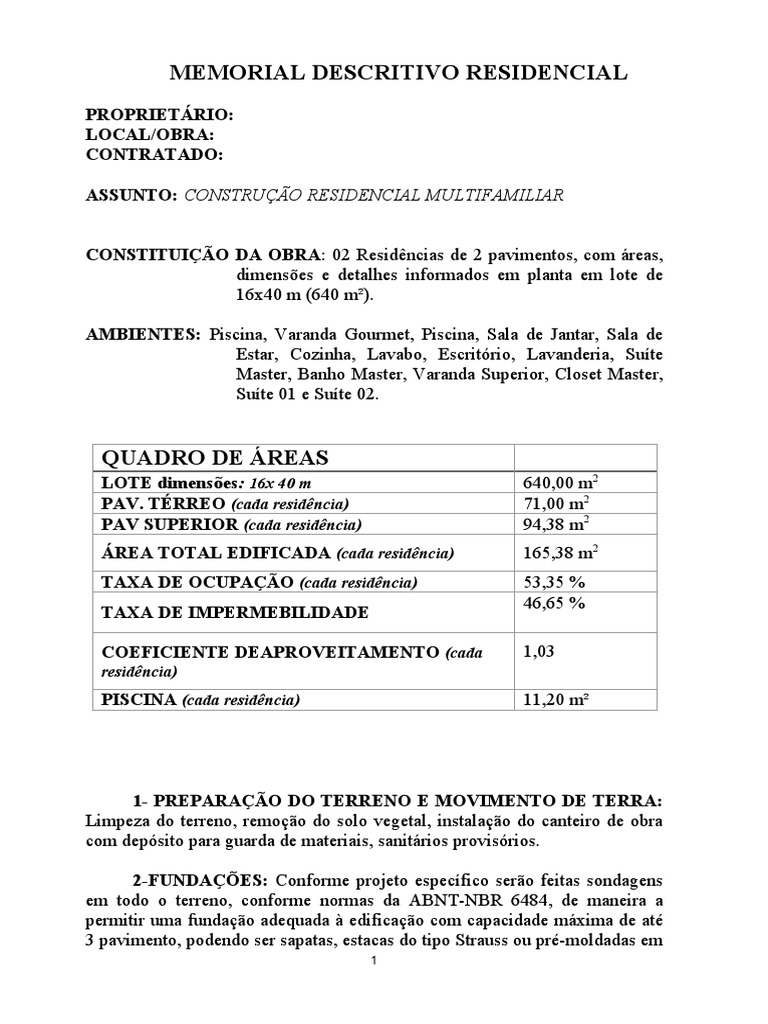 Memorial Descritivo Residencial | PDF | Argamassa (alvenaria) | Construção