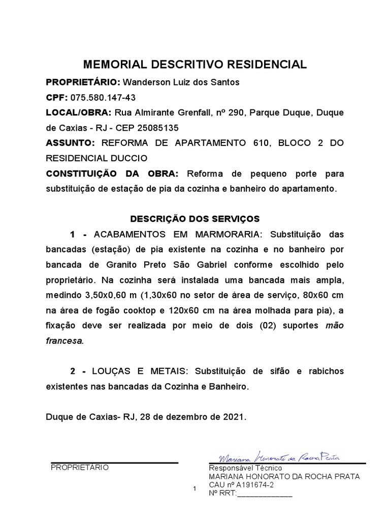 Memorial Descritivo de Reforma Residencial | PDF