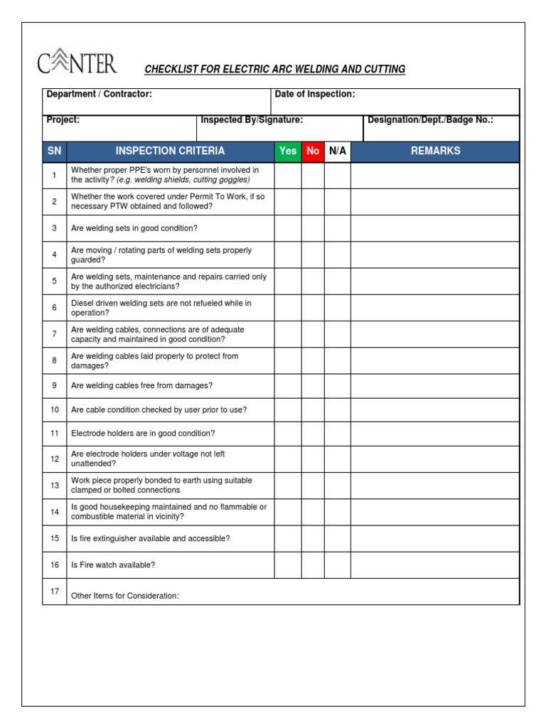 Canter ARC Welding Machine Checklist PDF