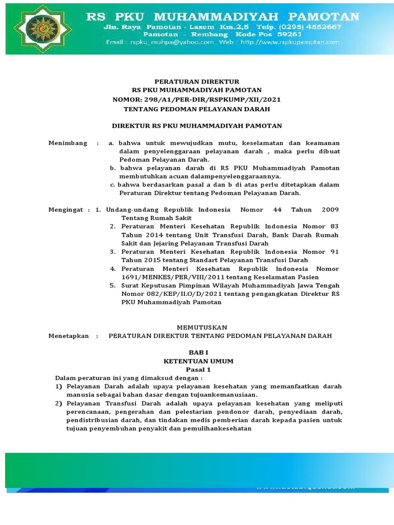 298 Perdir Rs Pku Muhammadiyah Pamotan Tentang Pedoman Pelayanan Darah