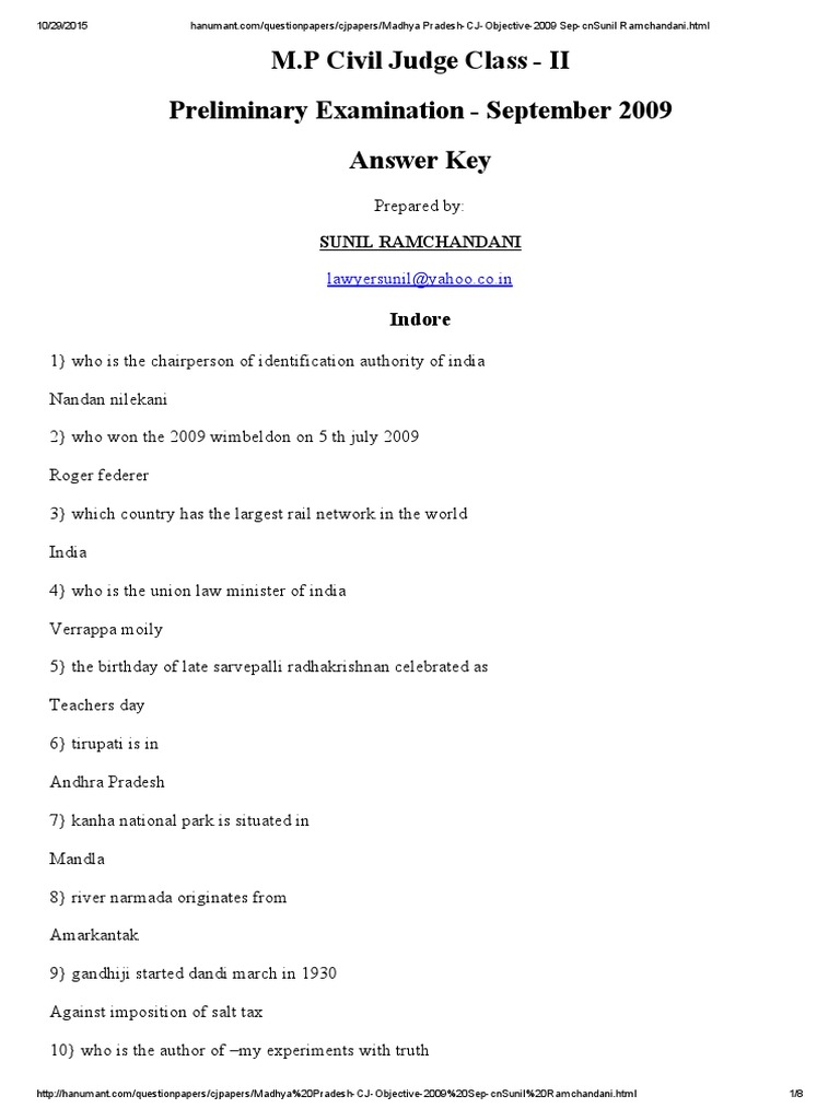 M.P. Civil Judge Exam 2009 Answer Key | PDF | Eviction | High Court Of ...