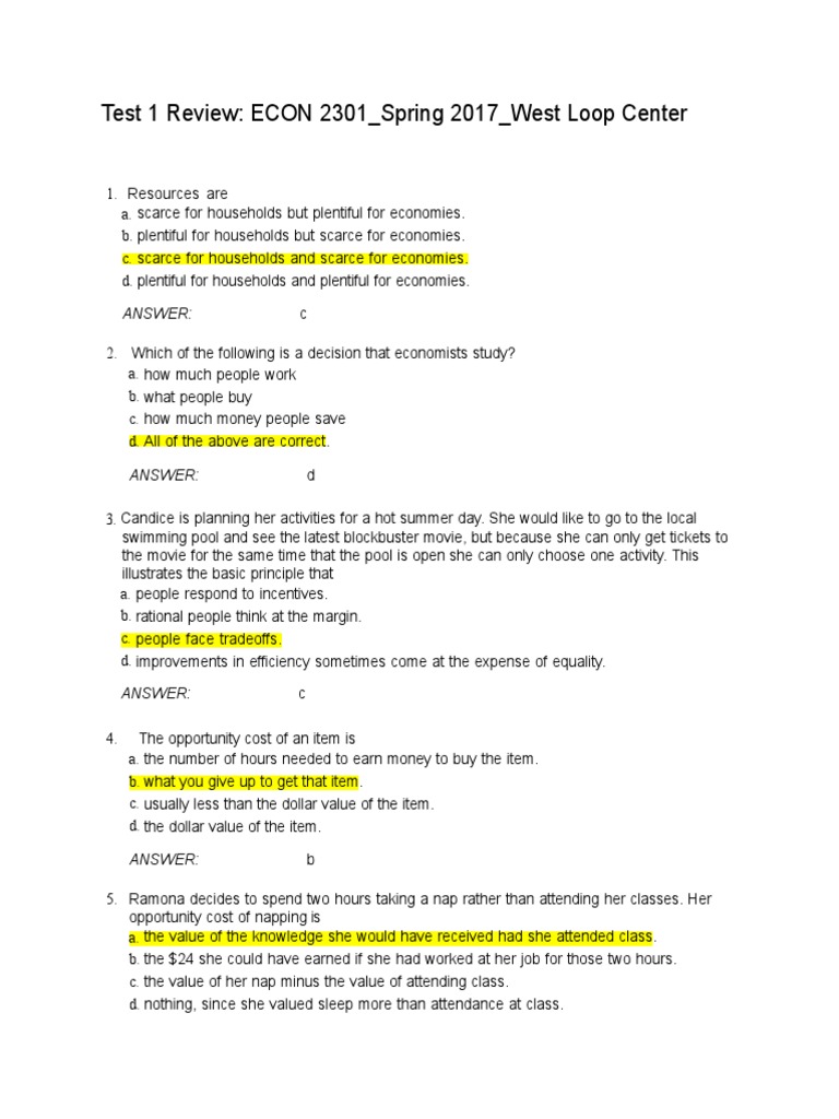 Test1 Review Econ 2301 West Loop Center Pdf Economics Labour