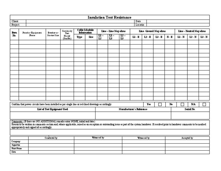 Insulation Resistance Test Form PDF Electrical Engineering