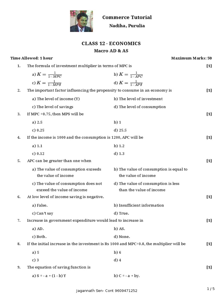 1 AD & AS Full MCQ Question PDF Consumption (Economics) Saving
