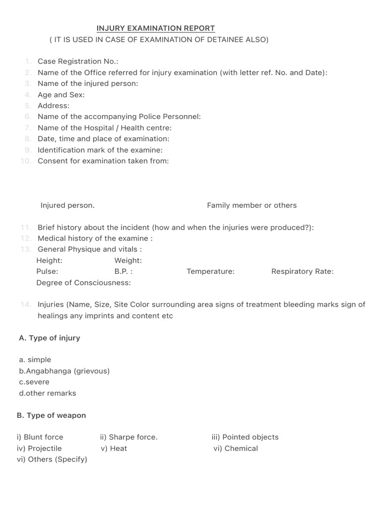 Injury Examination Report Template | PDF | Law | Science & Mathematics