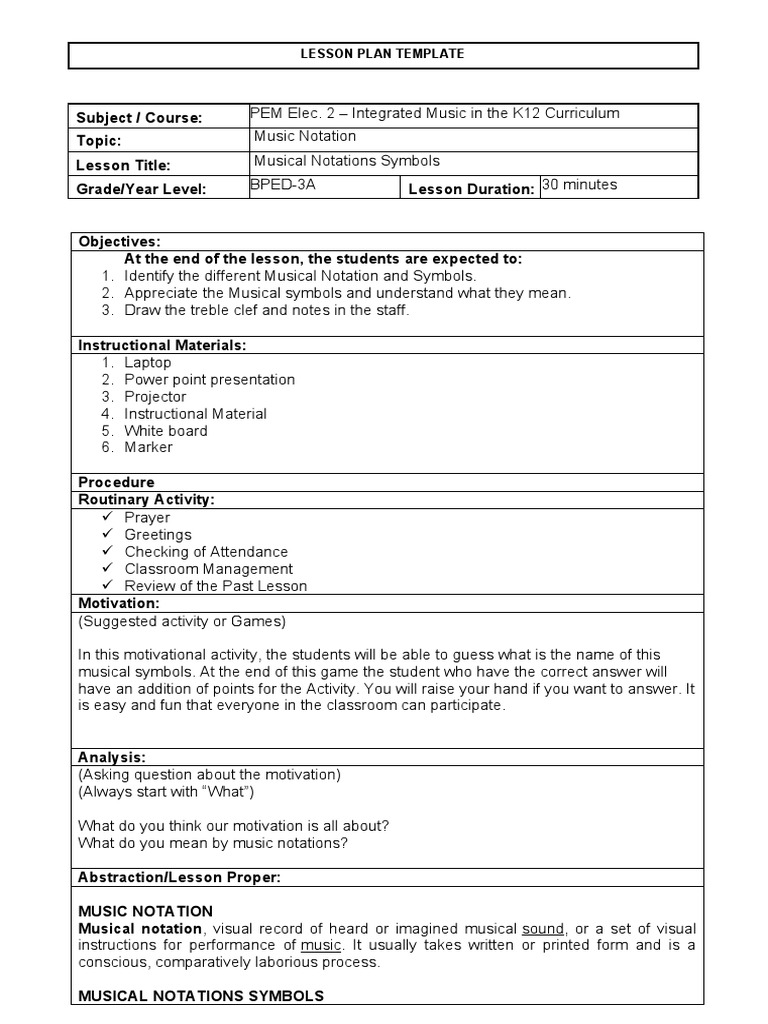 Pem Elec 2 Lesson Plan Pdf Clef Pitch Music
