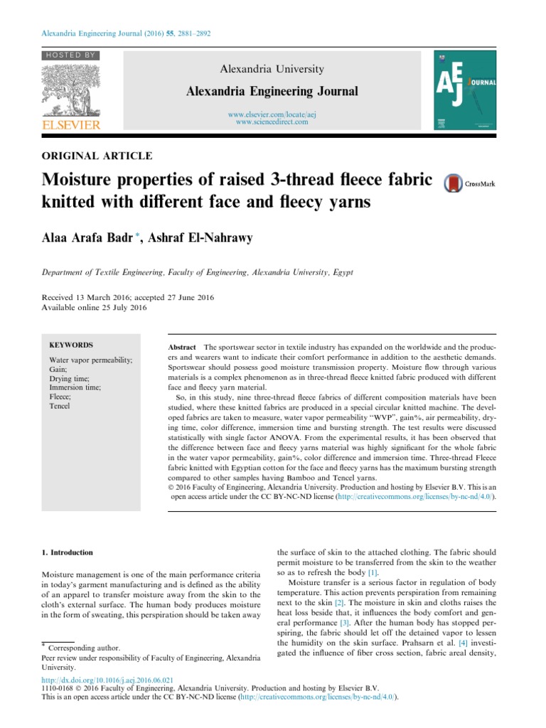 Moisture Properties of Raised 3Thread Fleece Fabric PDF Textiles Yarn