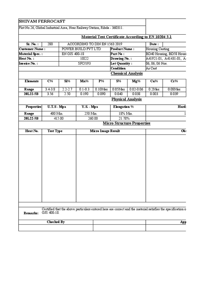 Material Test Certificate for Castings | PDF | Building Engineering ...