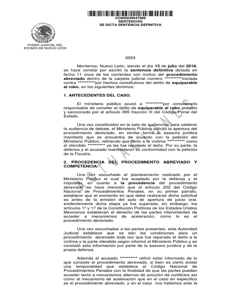 Sentencia Definitiva por Robo Equiparable | PDF | Sentencia (ley ...