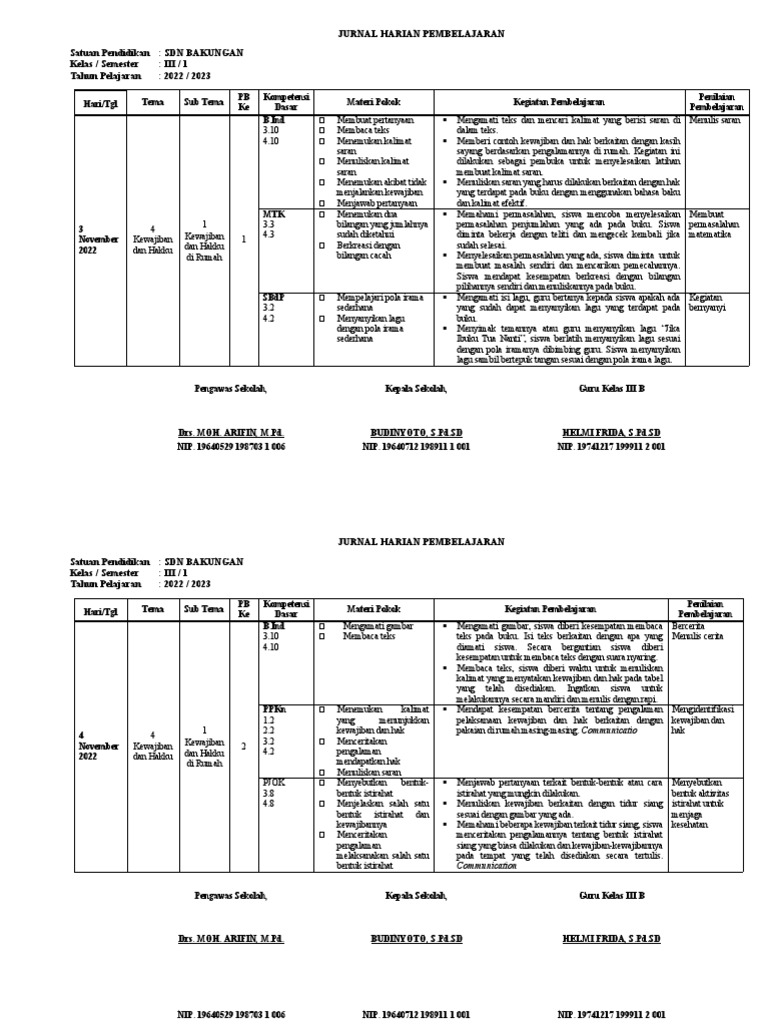 JURNAL KELAS 3 TEMA 4 | PDF