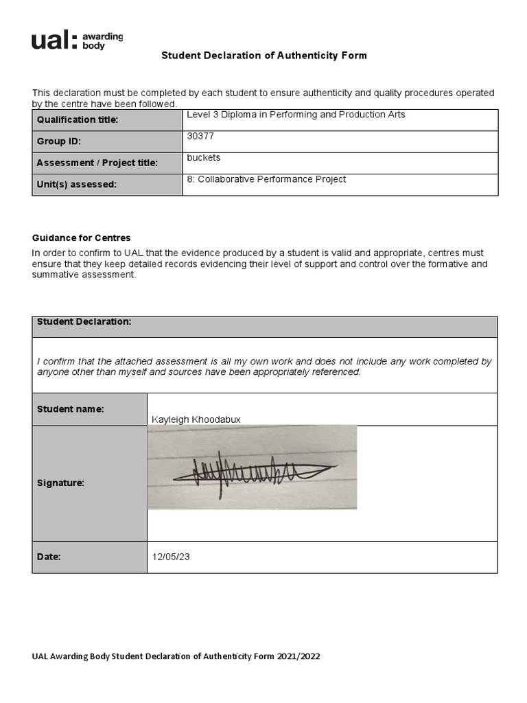 Student Authenticity Declaration Form | PDF
