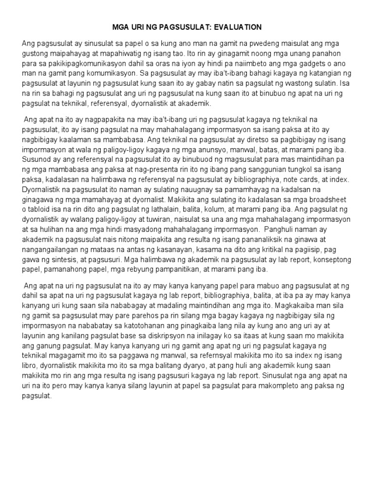 MGA URI NG PAGSUSULAT EVALUATION | PDF