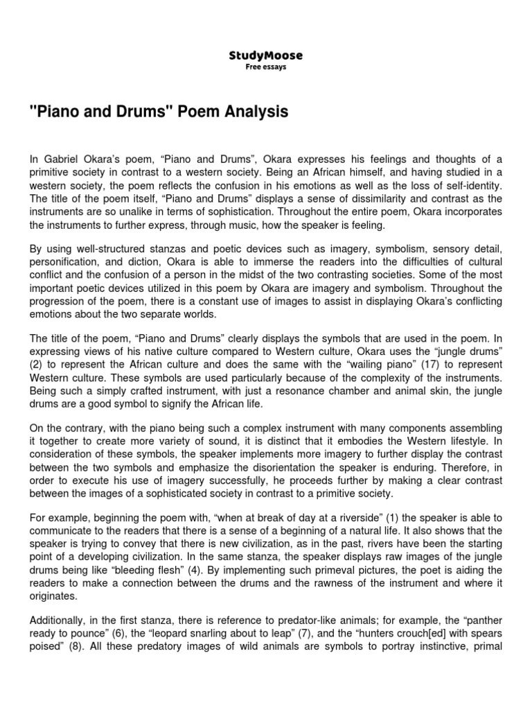 Piano and Drums Poem Analysis Download Free PDF Poetry