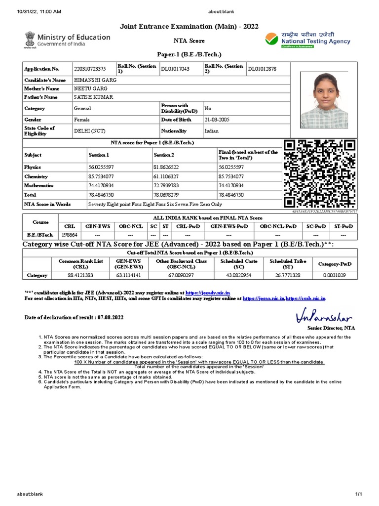 Joint Entrance Examination (Main) 2022 NTA Score Paper1 (B.E./B