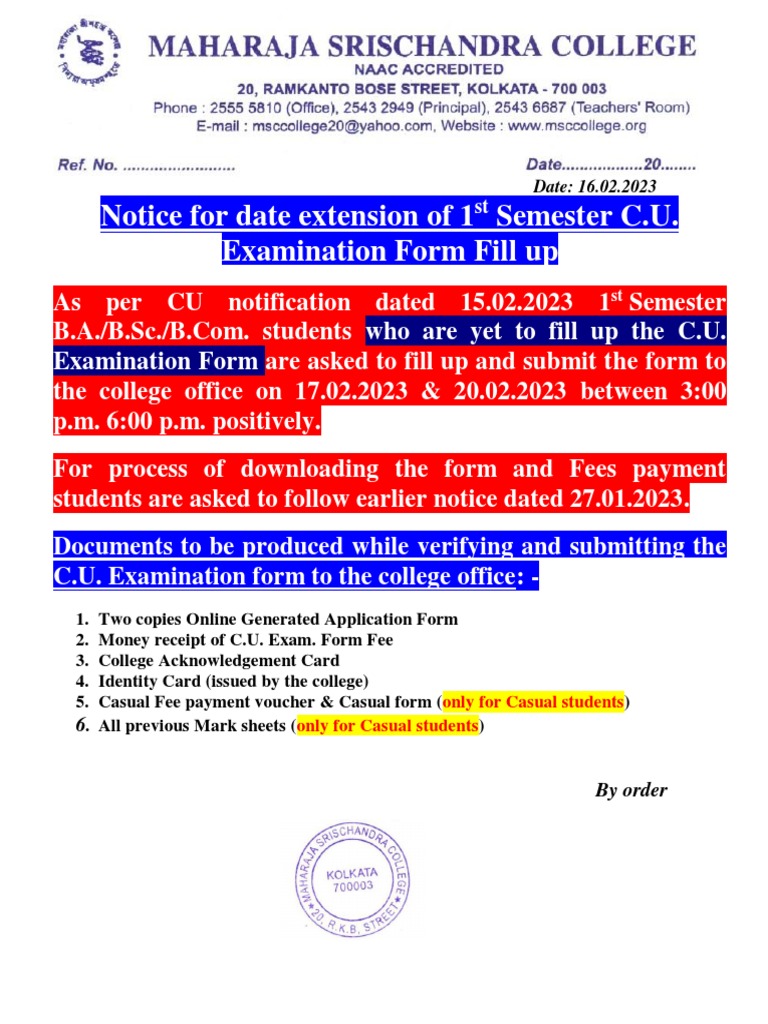 Date Extension Notice of C.U. Examination Form Fill in of 1st Semester B.A., B.Sc. & 2022